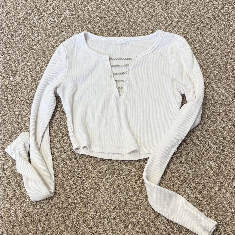 Garage White Long Sleeve Crop Top with Chain Detail